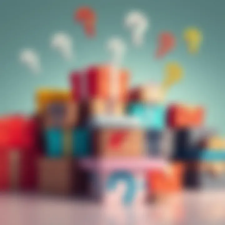 A variety of colorful mystery boxes stacked together with question marks floating above them, symbolizing surprise and excitement in shopping.