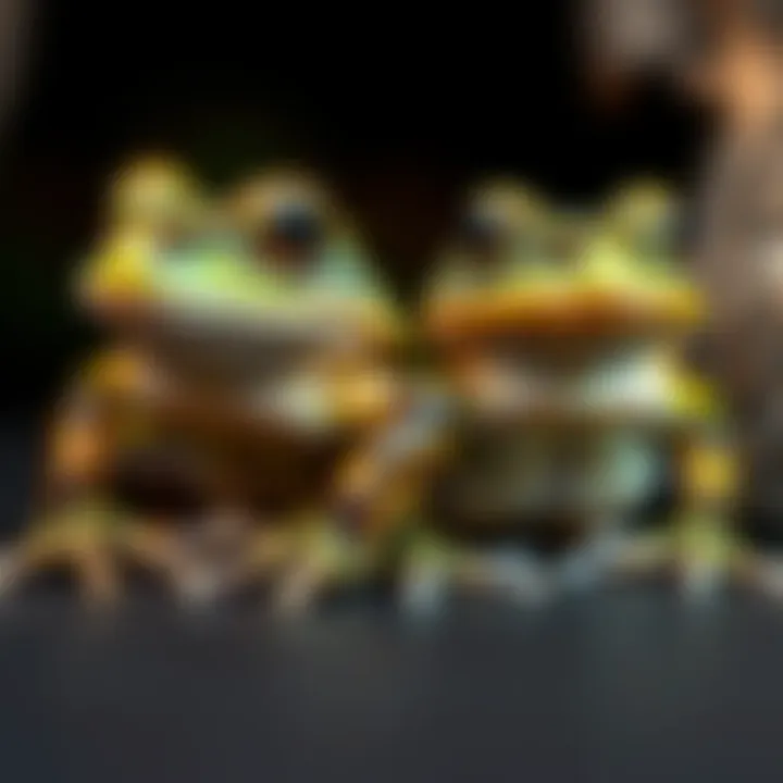 A close-up view showing a male and female African bullfrog side by side, highlighting differences in size and color.