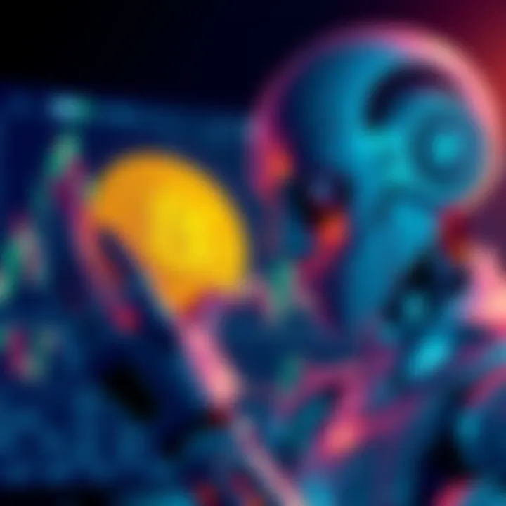 A robot analyzing Bitcoin charts and digital currency symbols with a focused expression.