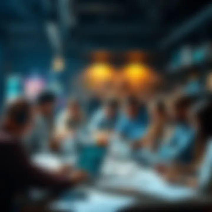 A diverse group of people brainstorming ideas for the Agentic Society Hackathon, with laptops and papers spread out in a collaborative workspace.