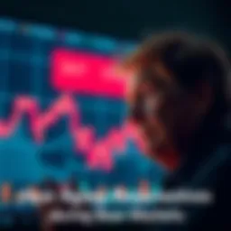 A person reflecting on financial choices in front of a stock market graph showing a downward trend, symbolizing aging and changing attitudes toward investments.