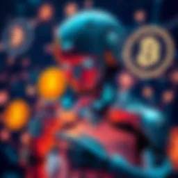 A digital representation of an AI agent analyzing bitcoin options, with bitcoin symbols and payment icons in the background.