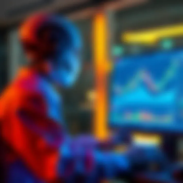 A digital representation of an AI agent analyzing cryptocurrency charts and trends on a computer screen.