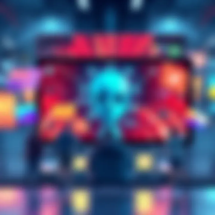 AI Moderation on Vooz Platform A digital illustration showing an AI algorithm analyzing content on the Vooz platform, with visuals of users trying to bypass rules but facing challenges.