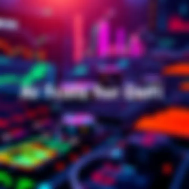 A visual representation of various AI tools used for decentralized finance investing, featuring graphs and digital interfaces showing data analysis.