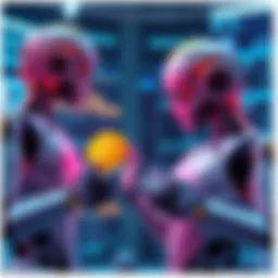 Two AI robots making a Bitcoin transaction with digital wallets in a virtual space