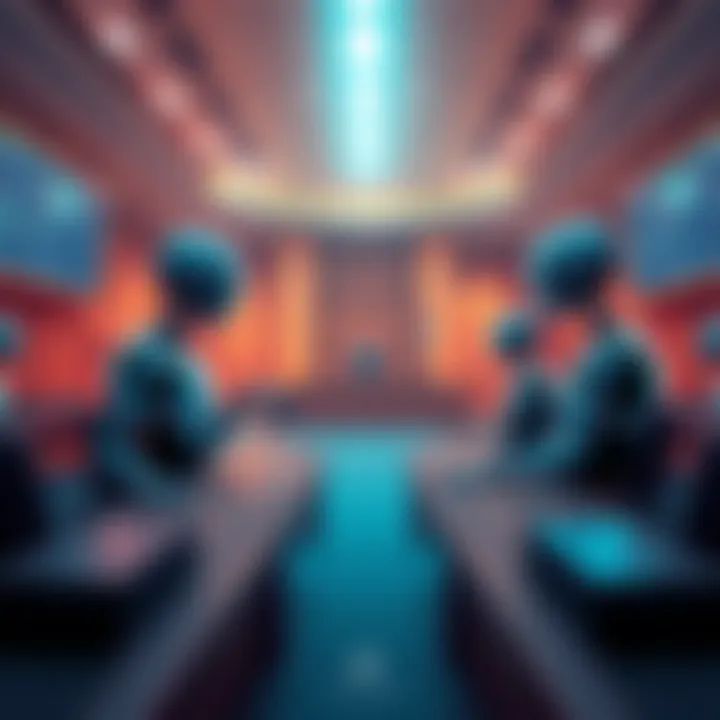 Illustration of AI agents interacting in a virtual courtroom setting to resolve disputes