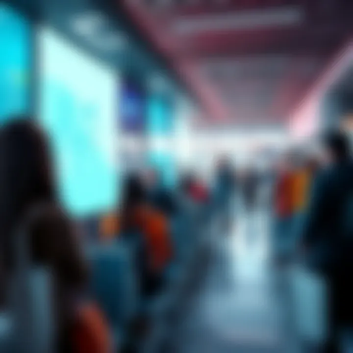 A group of people in a waiting area, interacting with a digital screen displaying AI engagement options while waiting for services.