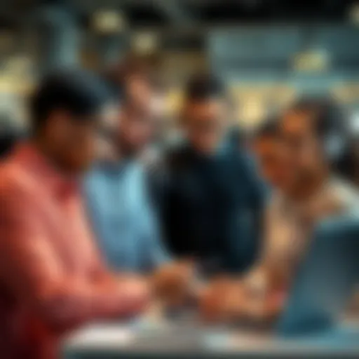 A group of diverse workers using AI technology to streamline tasks in an office setting.