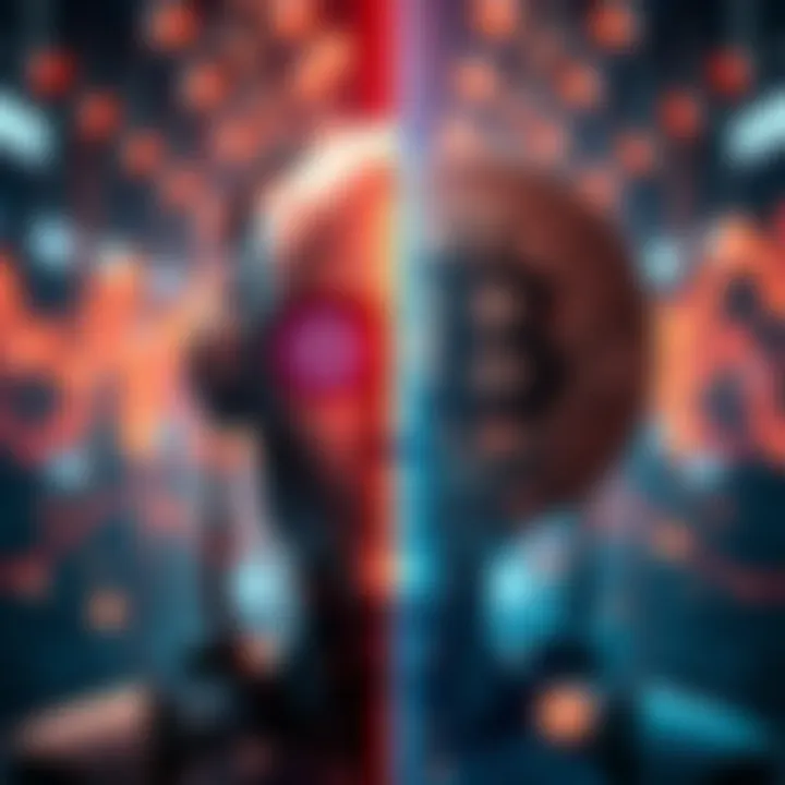 A split image showing AI technology on one side and Bitcoin symbols on the other, highlighting their impact on jobs and economies.