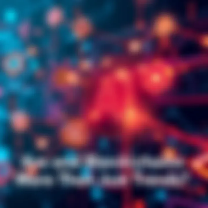 An illustration showing interconnected symbols of artificial intelligence and blockchain technology, representing their potential and skepticism in real-world applications.