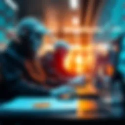 A graphic showing AI compliance agents working in a banking environment, with digital elements representing cryptocurrency regulations.