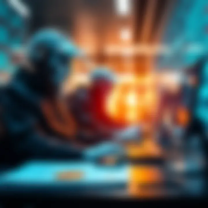 A graphic showing AI compliance agents working in a banking environment, with digital elements representing cryptocurrency regulations.