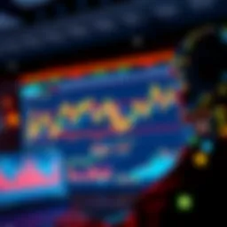A visual representation of an AI assistant analyzing cryptocurrency market data, showcasing charts and coins with graphs on a digital screen.