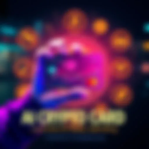 A person holding a digital card with a futuristic design, surrounded by symbols of cryptocurrency and spending categories like travel and dining.