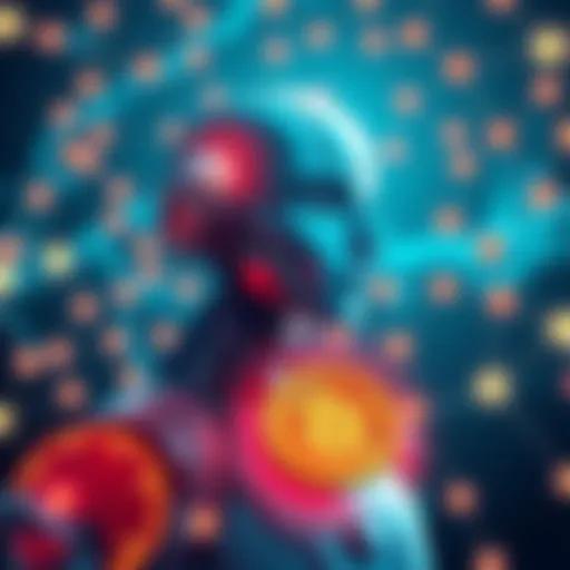 A futuristic illustration showing a robot and a digital coin with network connections, representing AI's role in crypto content creation.