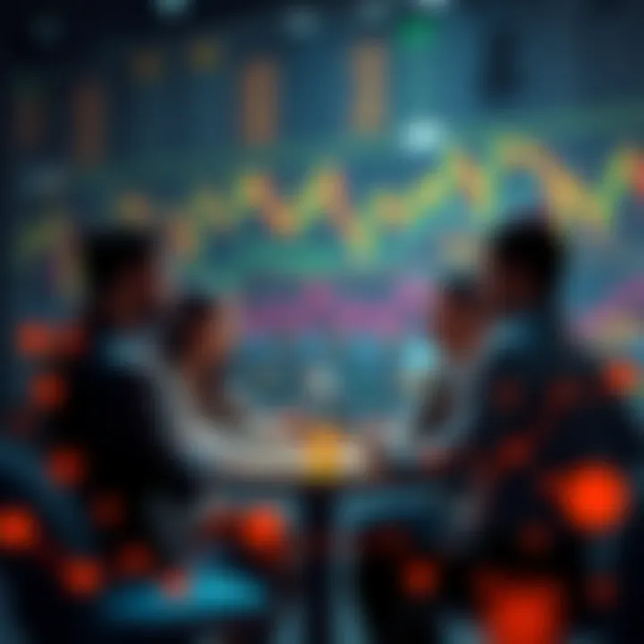 A group of people engaging in a conversation about AI cryptocurrencies, with charts and graphs representing market trends in the background.