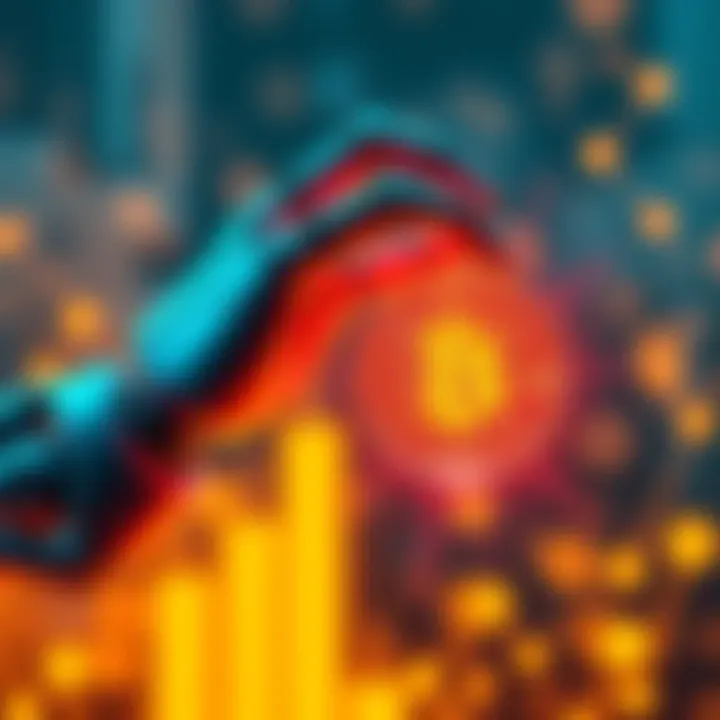 A robotic arm holding a digital currency token alongside a stablecoin icon, symbolizing the integration of AI and cryptocurrency in financial transactions.