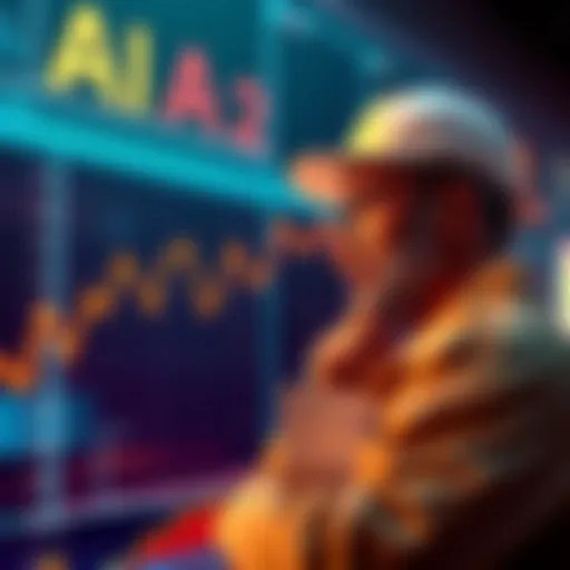 AI and Crypto Job Impact A graph showing job loss trends in the crypto industry due to AI advancements, with a worried worker looking on