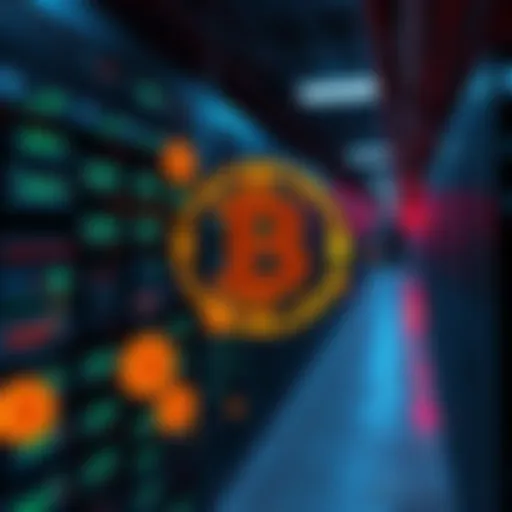 AI data center with Bitcoin graphics A modern AI data center with Bitcoin symbols and mining equipment.