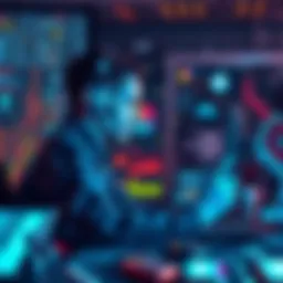 An AI engineer working on a computer, surrounded by technology and digital interfaces.
