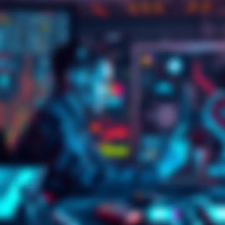 An AI engineer working on a computer, surrounded by technology and digital interfaces.
