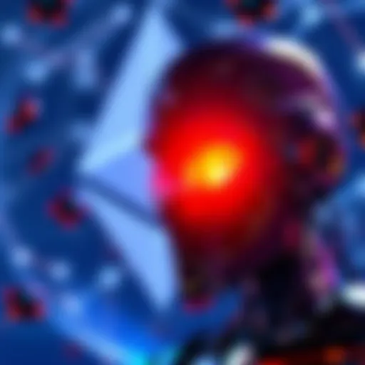 A digital representation of a robot with a background of the Ethereum logo, symbolizing concerns about AI hacking