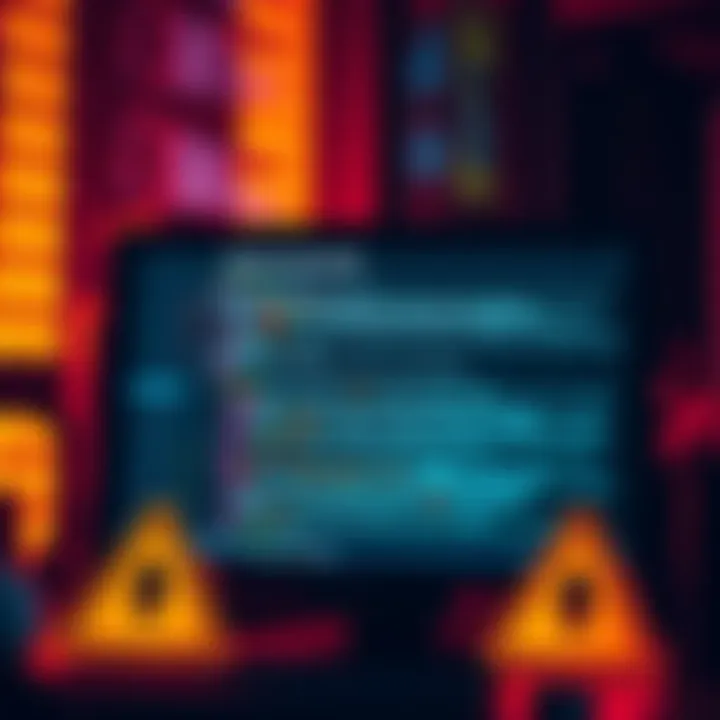 A computer screen displaying code related to Ethereum smart contracts, with warning signs around it, symbolizing security concerns.