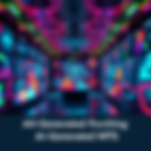 AI-Generated NFT Art A colorful digital artwork showcasing various AI-generated designs in a virtual gallery setting.