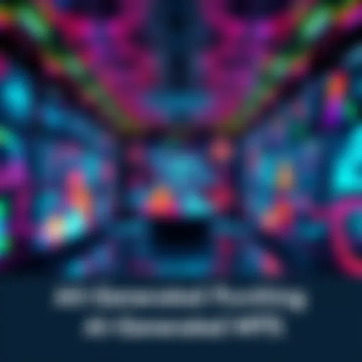 AI-Generated NFT Art A colorful digital artwork showcasing various AI-generated designs in a virtual gallery setting.