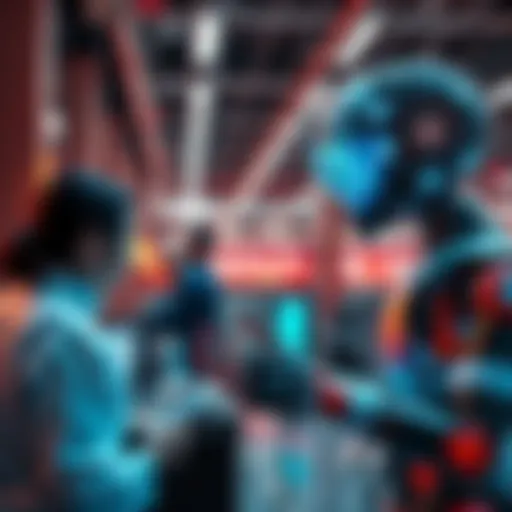 A business setting showing workers interacting with AI technology, highlighting the effects of AI on employment and productivity.