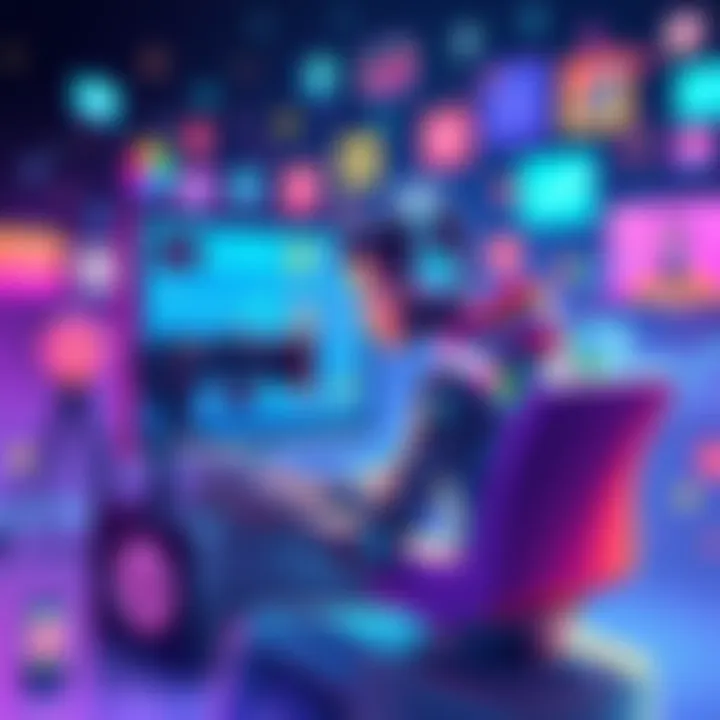 A vibrant illustration showing a digital artist creating an AI character on a computer, surrounded by colorful graphics and video elements.
