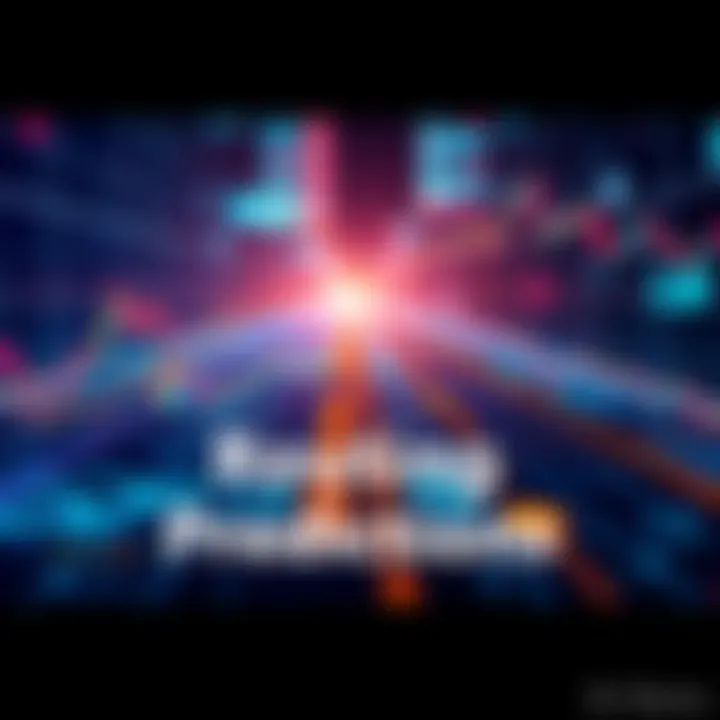 A graphic showing machine learning algorithms predicting routing paths with fluctuating market data in the background.