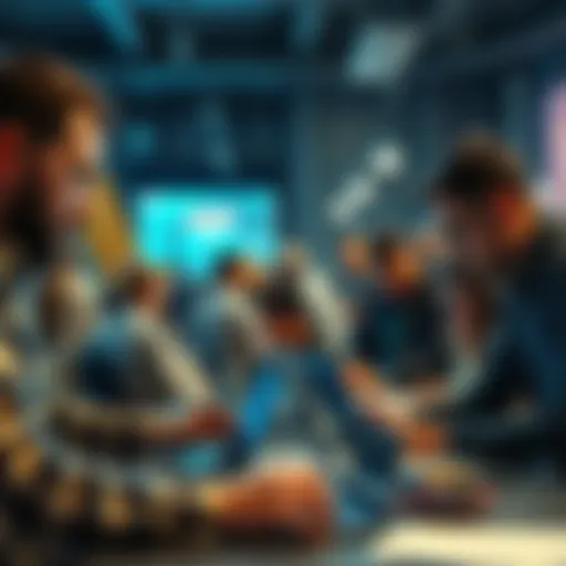 A diverse group of people collaborating on an AI project at a hackathon event, surrounded by laptops and coding materials.