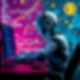 A robot sitting at a computer coding, with blockchain symbols in the background, representing AI in programming and blockchain technology.