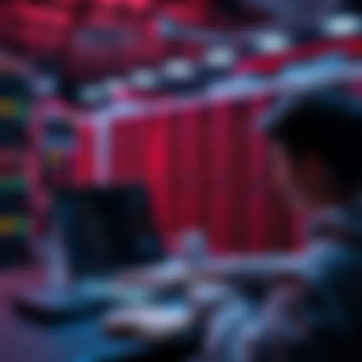 A person using a laptop to run an AI smart contract auditor, with a GPU cluster in the background.