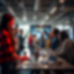 An AI startup team celebrates their partnership with Google, showcasing HBAR technology in a modern office setting.