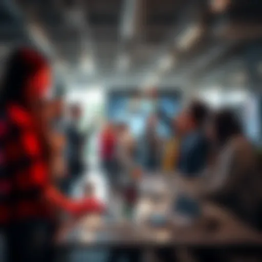 An AI startup team celebrates their partnership with Google, showcasing HBAR technology in a modern office setting.