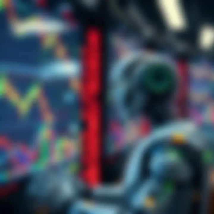 An AI robot analyzing stock market charts on a computer screen, with fluctuating graphs and numbers around it.