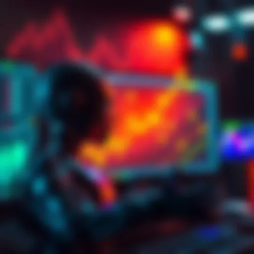 An AI trading agent on a computer screen showing a profit graph with upward trends and dollar signs.