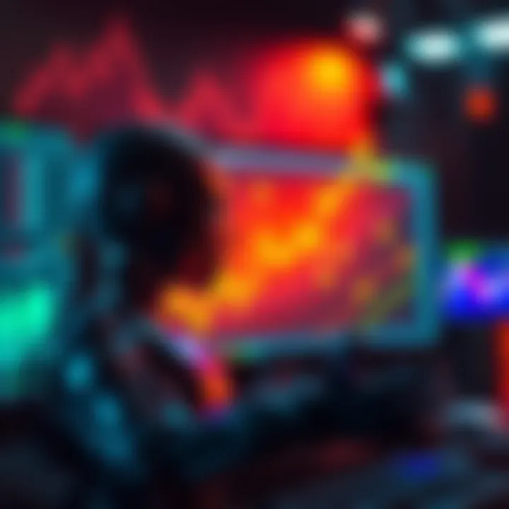 An AI trading agent on a computer screen showing a profit graph with upward trends and dollar signs.