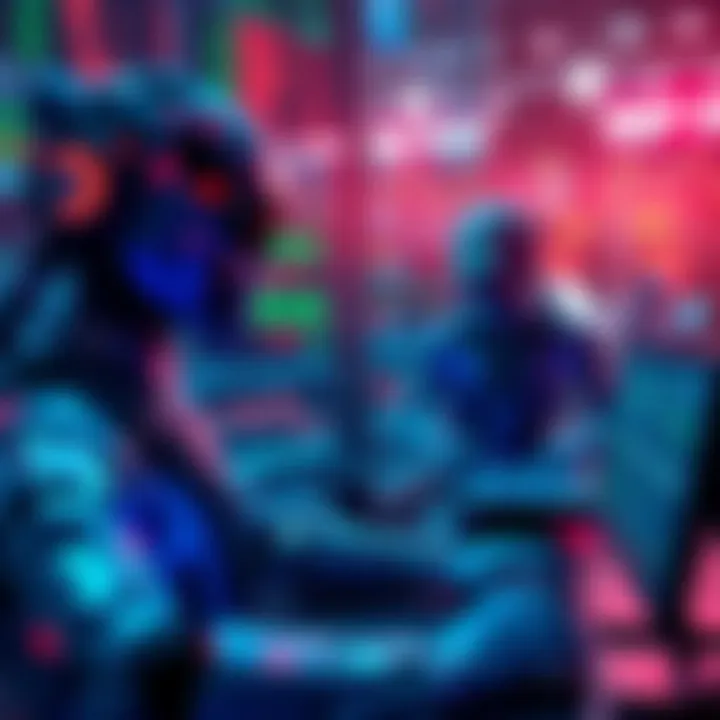 A digital representation of AI trading agents analyzing market data alongside smart contracts on a blockchain, showcasing a busy trading environment with charts and graphs.