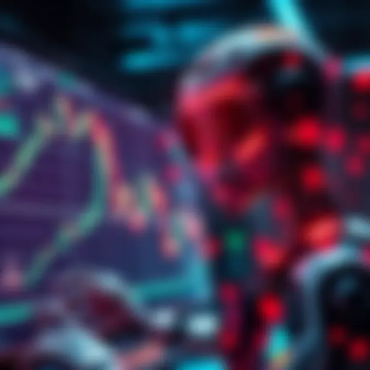 A robot analyzing cryptocurrency charts and making trades on a digital platform.