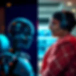 A split image showing an AI chatbot on one side and an Indian customer support representative on the other side, highlighting the contrast in support systems.
