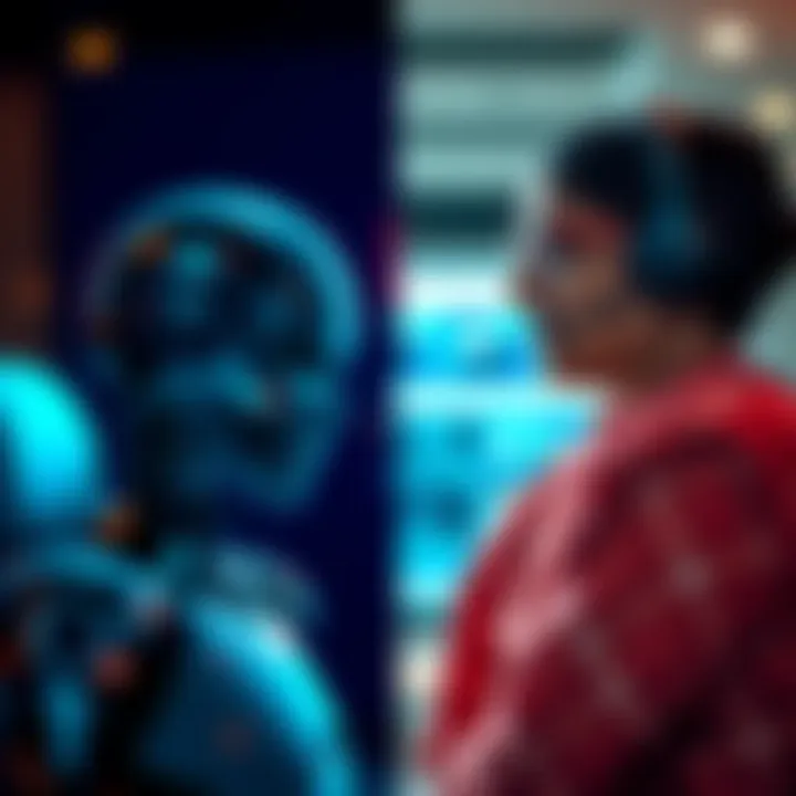 A split image showing an AI chatbot on one side and an Indian customer support representative on the other side, highlighting the contrast in support systems.