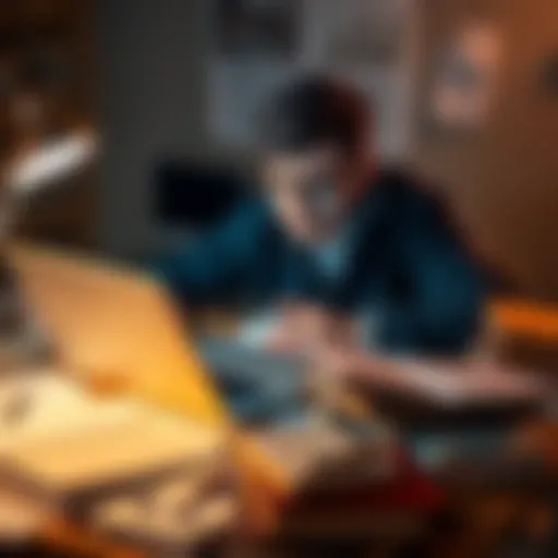 A person looks frustrated while working on a laptop, surrounded by paper notes and books, symbolizing the difficulties of AI article writing.