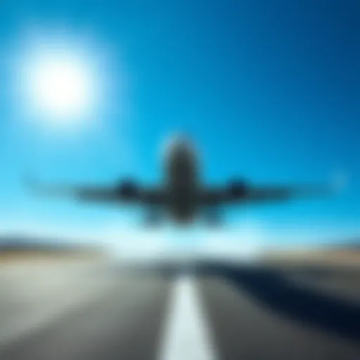 An airplane accelerating on the runway, preparing for takeoff into a clear blue sky.