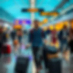A traveler walking through a busy airport terminal, looking confused while heading towards a distant lounge, showing signs of frustration with luggage in tow.