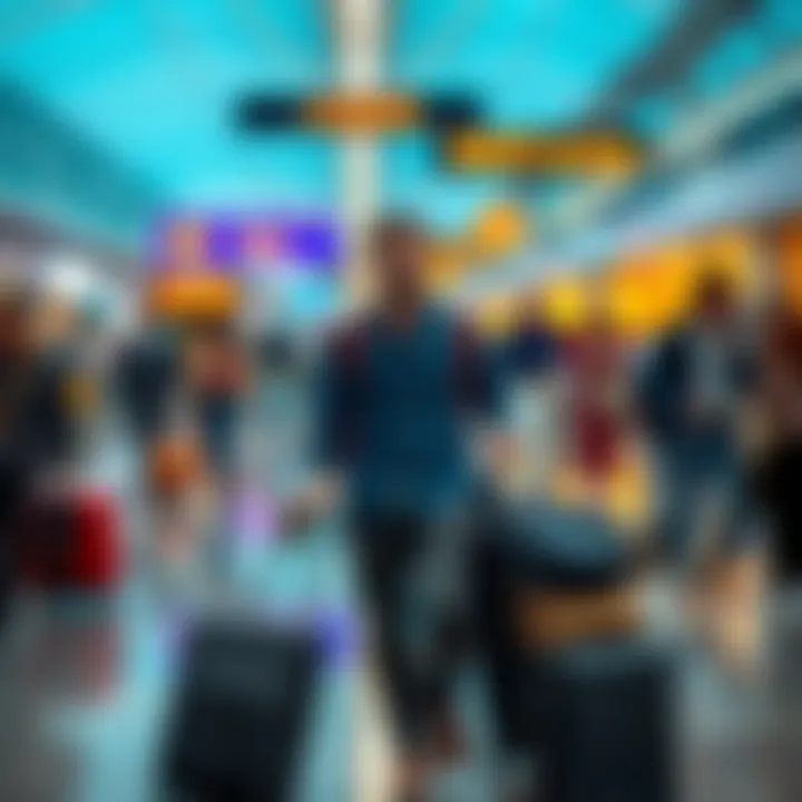 Airport Lounge Access Challenges A traveler walking through a busy airport terminal, looking confused while heading towards a distant lounge, showing signs of frustration with luggage in tow.
