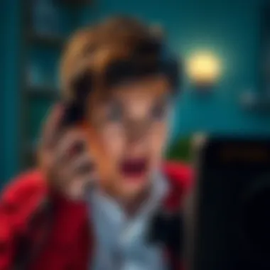 A person looking surprised while answering a phone call with a worried expression.